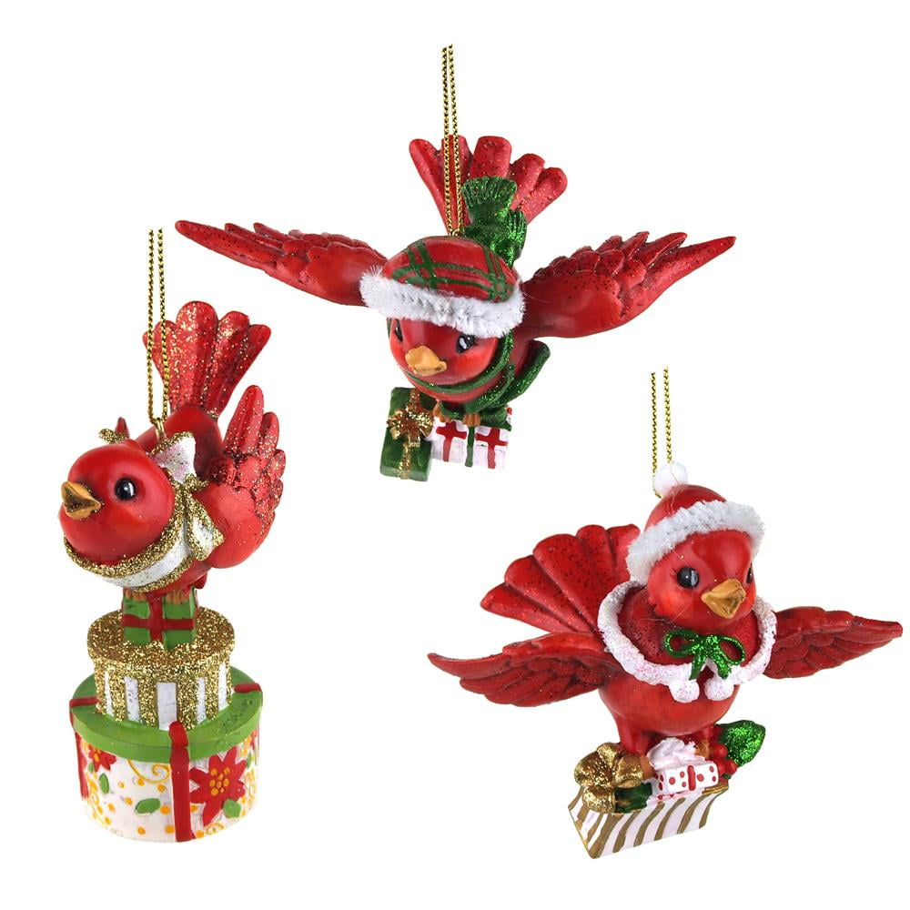 Flying Cardinal Bird Carrying Gifts Ornaments, Red, 31/2Inch, 3Piece