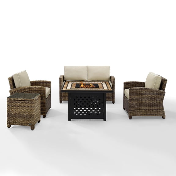 Bradenton 3Pc Outdoor Wicker Conversation Set W/Fire Table Weathered Brown/Sand - Loveseat, Armchair, & Tucson Fire Table