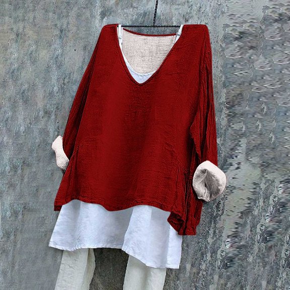 Njoeus Womens Shirts Blouses for Women Linen Shirts for Women, Women's Solid Printed V-Neck 3/4 Sleeved Linen Plus Size Linen Shirts for Women, Women's Summer Top Tee Shirts for Women Plus Size On Cle