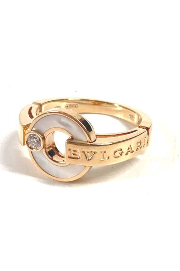 Pre-Owned BVLGARI Mother-of-Pearl Diamond Openwork Ring with Bvlgari Logo, Gold,... (Good)