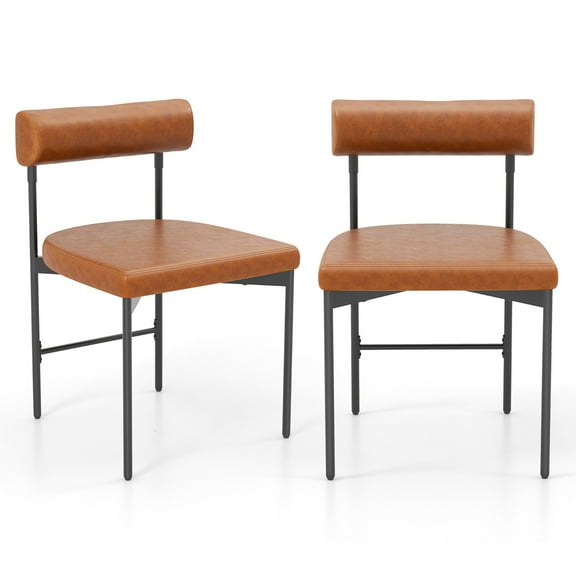 Gymax Dining Chair Set of 2 Faux Leather Upholstered Kitchen Side Chair w/ Curved Brown