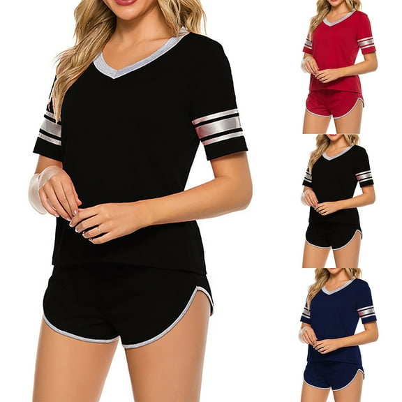 Bovxnpu Womens Plus Size Pajama Sets, 2 Piece Loungewear For Women, Women's Summer Pajamas Striped V-neck Short-sleeved Shorts Two-piece Suit Home Clothes L