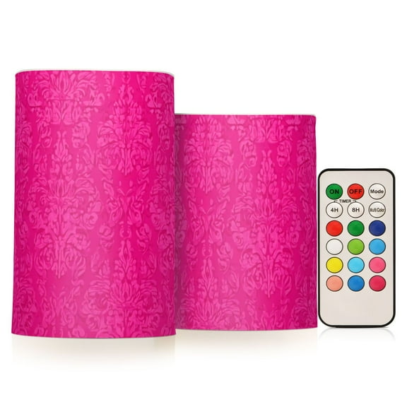 Hot Pink Flower Patterns Flickering Flameless Candles LED Tealight Battery Operated with Remote Set of 2 Holiday Decor Ornaments