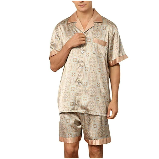 Men's Pajama Shorts Set Solid Casual Button Closure Print Short-Sleeve Satin Pajama Set with Pockets. This lightweight sleepwear set includes a short-sleeve top with a button closure and matching shorts, both made from wrinkle-resistant polyester with a silky finish. Features include a kimono-style shawl collar, intricate print, and satin trim on the sleeves and hem. Designed for comfort and style, the set is ideal for casual wear or sleepwear, with functional pockets for small items like cellphones or keys.
