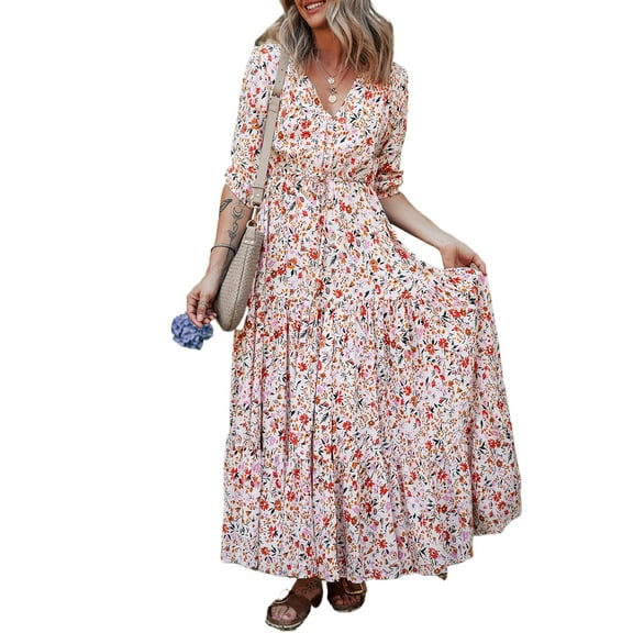 Women's Red Boho Floral V Neck Maxi Dress with Half Sleeves - [ZhiHiMeRi] | (US 12-14)L