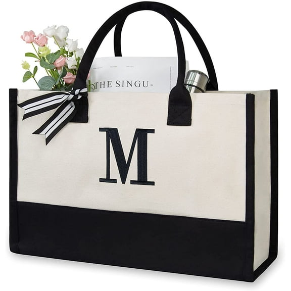 Personalized Initial Canvas Beach Bag, Monogrammed Gift Tote Bag for Women