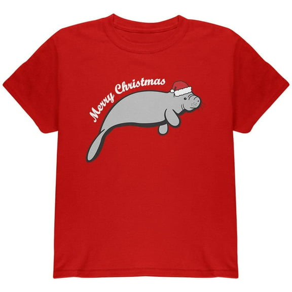 Merry Christmas Manatee Floaty Potato Youth T Shirt Red YXL