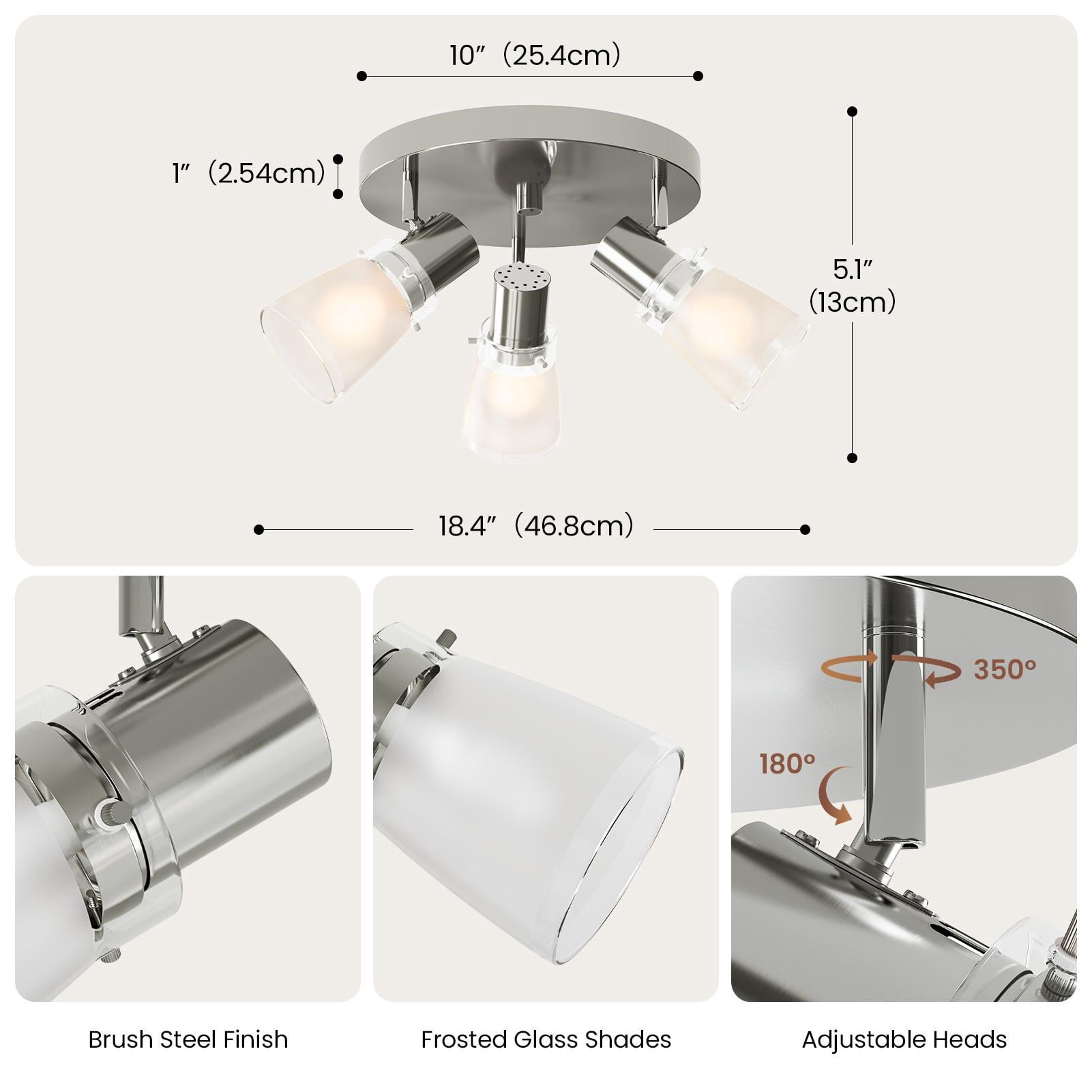 Laite Lumens 10" 3-Light Dimmable Track Lighting Kit, Brushed Steel Finish Flush Mount Ceiling Light Fixture with Frosted Glass Shades, Medium Base (e-26) Adjustable Heads