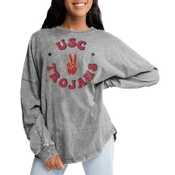 Women's Gameday Couture Gray USC Trojans Playing Around Faded Wash Oversized Long Sleeve T-Shirt