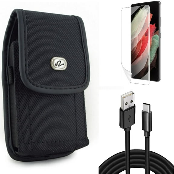 10ft USB Cable & Case Belt Clip & Matte Screen Protector for Samsung Galaxy S22 Plus (S22 ) - Combo Type-C Charger Cord Power & Rugged Holster & TPU Film Anti-Glare