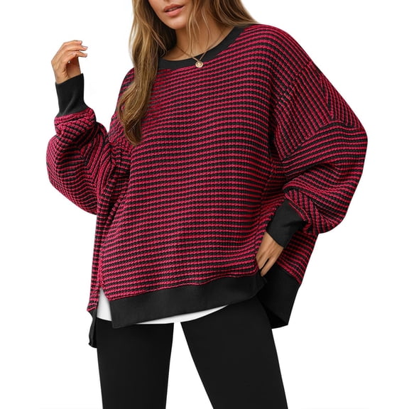Sweatshirt for Women Waffle Knit Sweatshirts Striped Pullover Tops