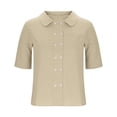 thumbnail image 5 of FUYUDY Women'S Linen Blouse Short Sleeve Loose Fit Solid Color Double Open Front Lapel Shirt Comfortable Breathable Female Top For Summer Beach And Daily Wear,Beige,L, 5 of 5