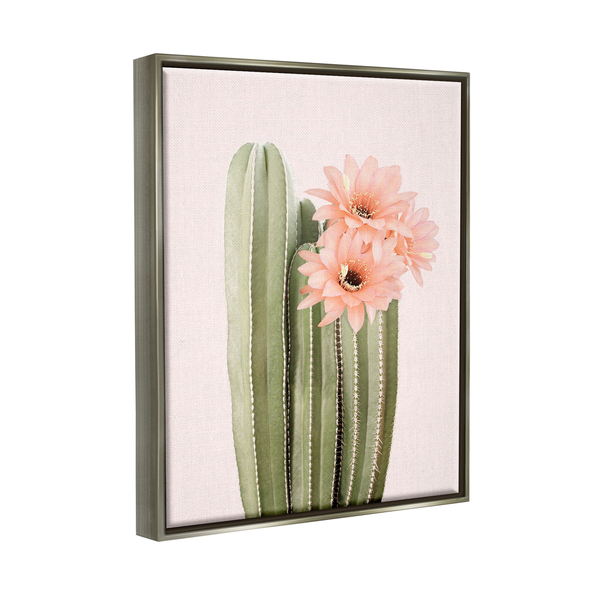 Stupell Industries Pink Flower on Cactus Botanical & Floral Painting Gray Floater Framed Art Print Wall Art, 25 x 31