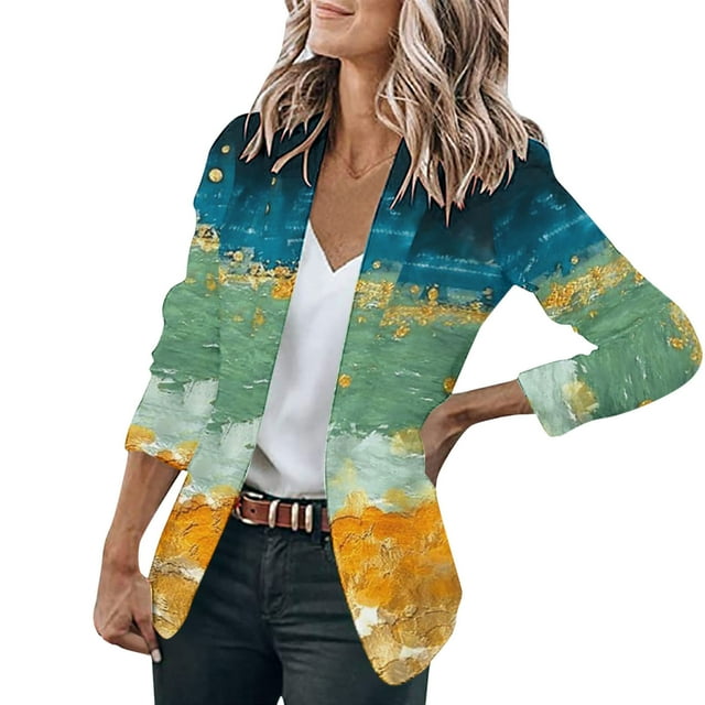 Blazer Décontracté pour Femmes Col en V Veste de Loisirs Mi-Longue Blouse Boutonnée Ajustée Cardigan Imprimé Mode