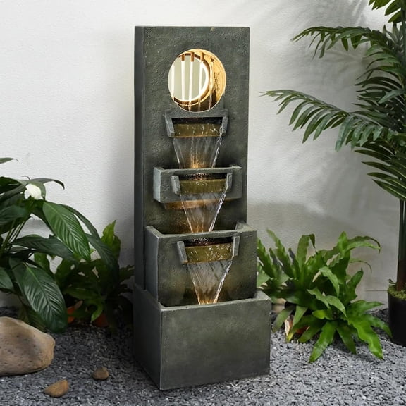 RevoGlow Commerce 39.3”H Modern Outdoor Waterfall Fountain - Tall Indoor Relaxing Floor Fountain Outdoor with Light&Pump, Contemporary 4-Tier Outdoor Fountains and Indoor Waterfalls for House