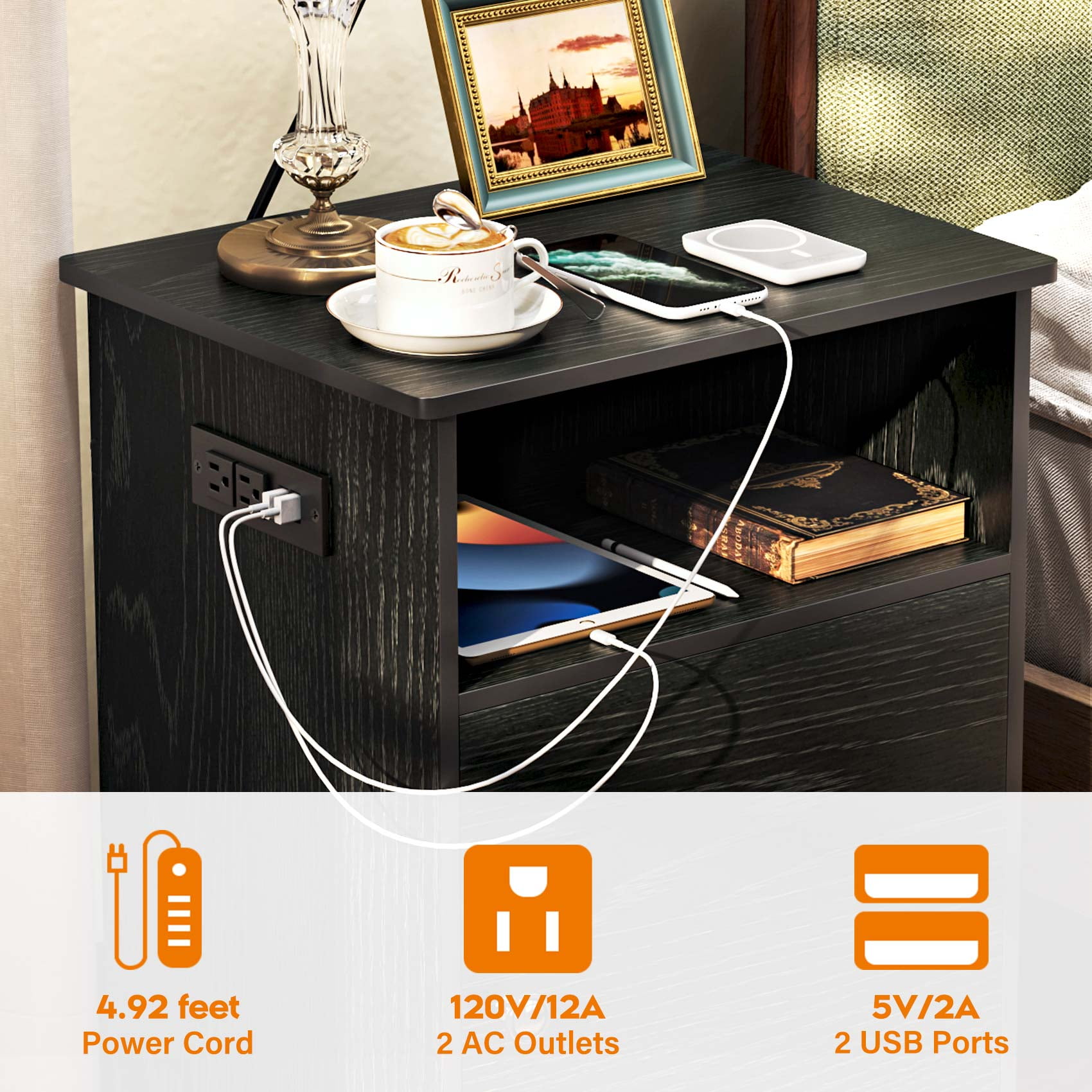 Buy TCHOMENY Nightstand with Charging Station 2 Set, Modern End Side