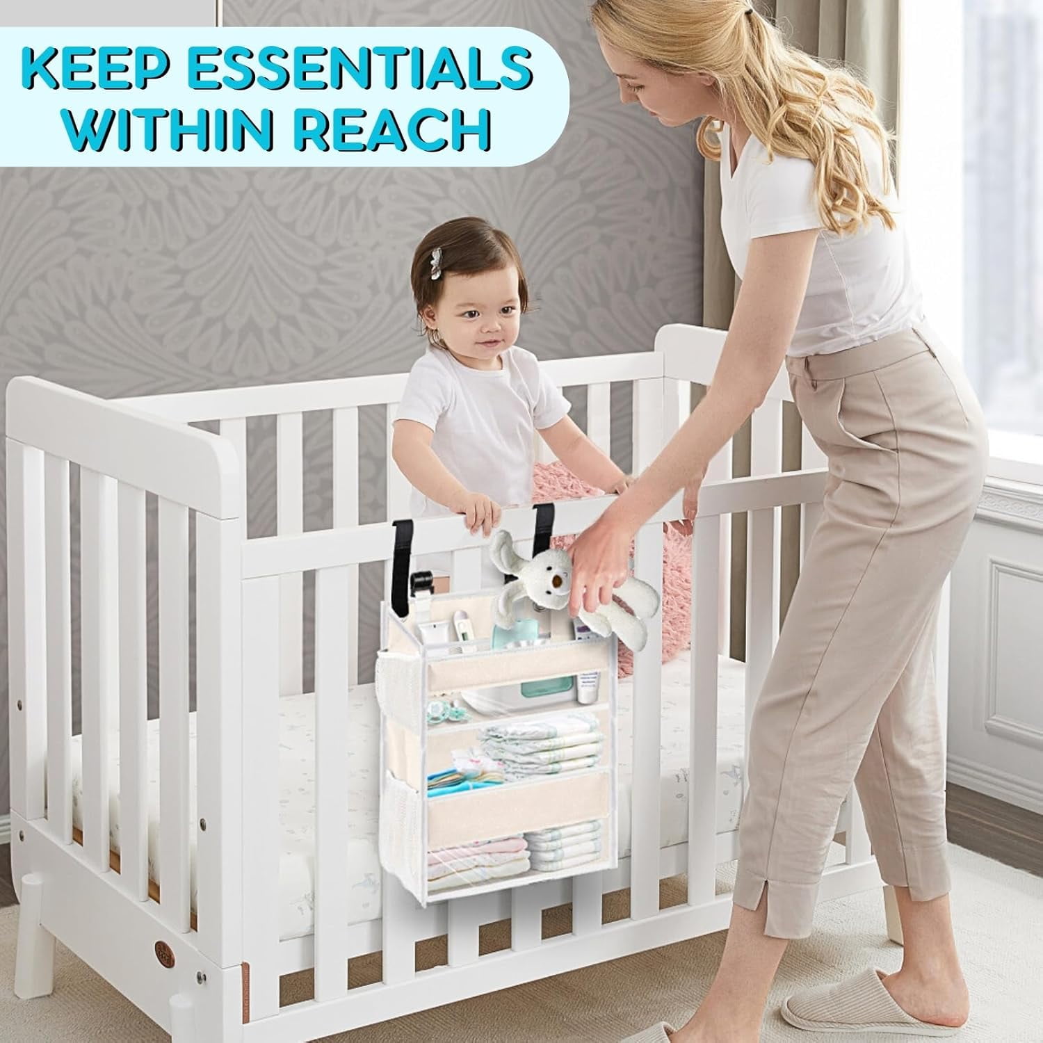 Hanging Diaper Organizer for Changing Table,Cribs,Car,Playard or Wall & Nursery Organization, 2-Tier Diaper Organizer- Hold 90+ Diapers, Beige