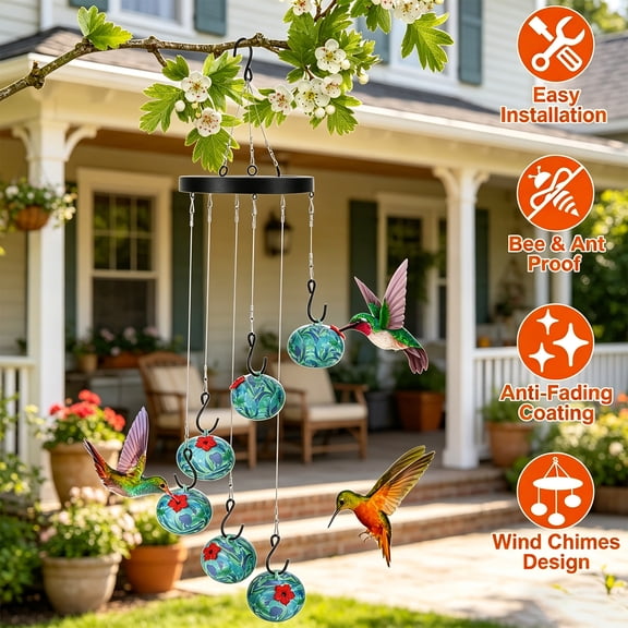 Charming Wind Chimes Hummingbird Feeder for Outdoors Hanging Ant and Bee Proof TeqHome Plastic Humming Bird Feeder Perfect Garden Decor for Window Garden Patio