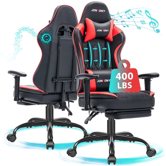 JONPONY Big and Tall 400lbs Gaming Chair with Bluetooth Speakers, Gamer Chair with Footrest and Lumbar Support & 360-Swivel Seat, Ergonomic Gamer Chair with Headrest, Red