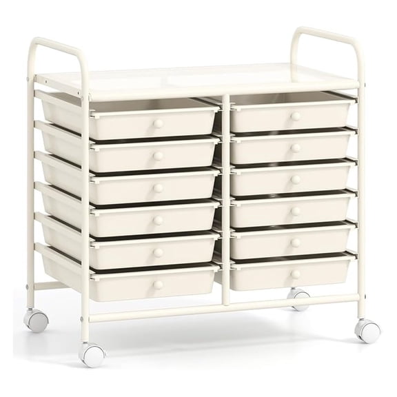 12-Drawer Rolling Storage Cart, Multifunctional Art Organizer Cart, Mobile Utility Storage Cart with Removable Drawers & Lockable Wheels, Cart for Home Office School, White
