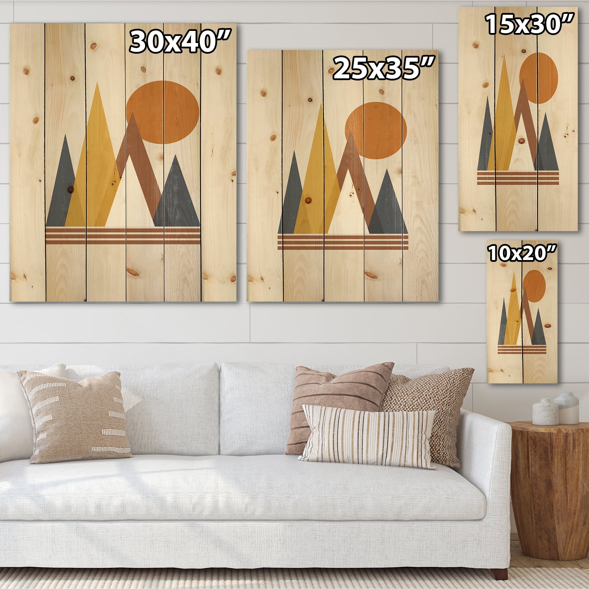 Designart 'Sun and Mountain Abstract' Modern Print on Natural Pine Wood