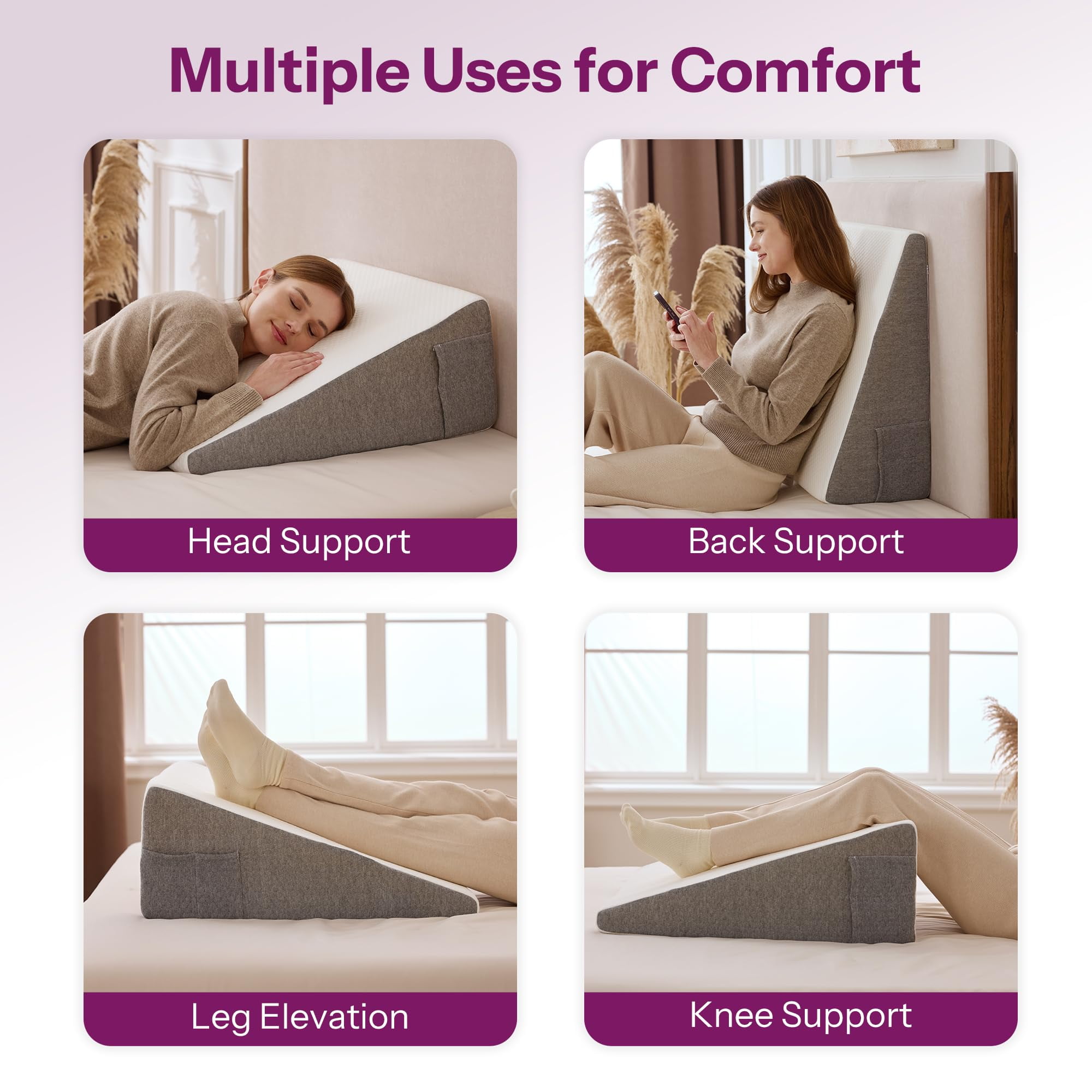 Bed Wedge Pillow with Foam Top for Sleeping, 10 Inch Elevated Support Triangle Pillow for Reading and Rest, Bed Pillow for Legs and Back Support with Washable Cover