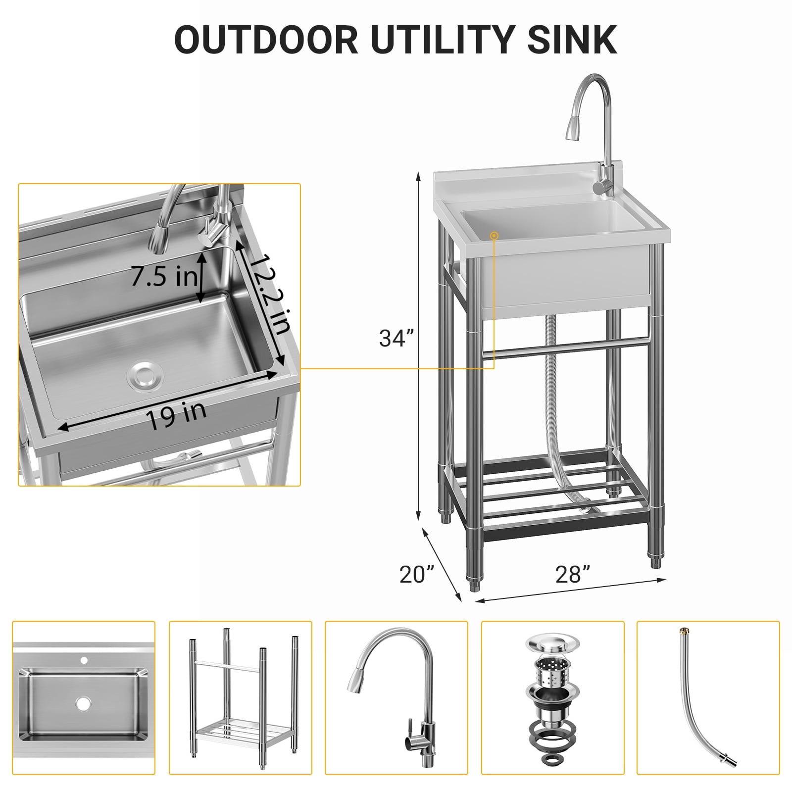 Freestanding Commercial Stainless Steel Sink,Single Bowl Kitchen Sink with Water Pipes,Adjustable Legs,Suitable for Laundry Room,Farmhouse(Water Pipe)