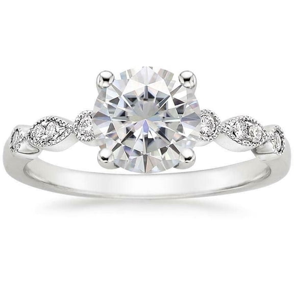 HeartsAndYou 3ct Round Cut Moissanite Engagement Ring for Women 18k White Gold over Silver Vintage Inspired Solitaire