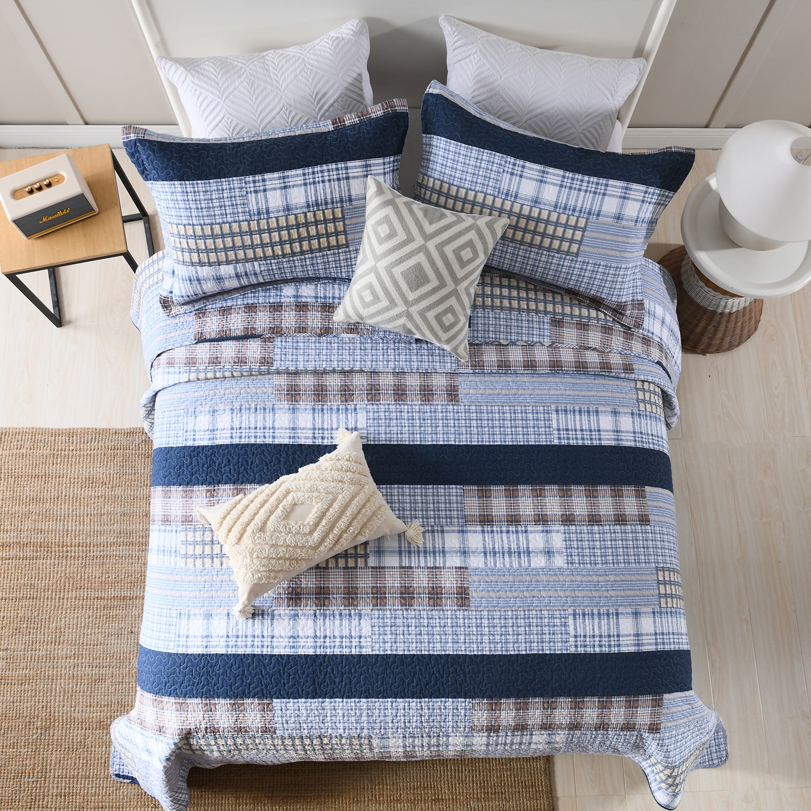 Bedduvit Navy Blue Cotton Quilt Queen - 100% Cotton Patchwork Plaid Striped Quilts for Queen Beds, Lightweight Reversible Modern Farmhouse Bedspread Quilt Set, 3-Piece All-Season Quilt Bedding Set