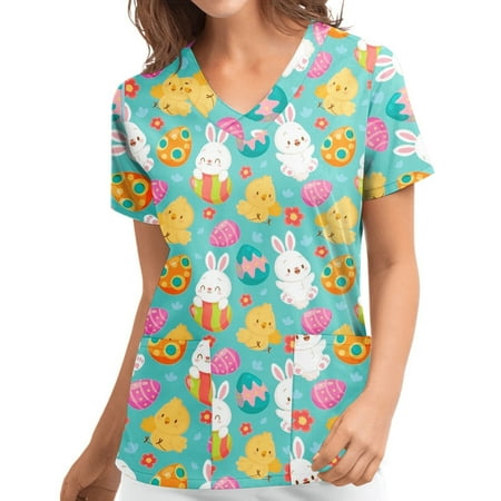 

Scrub Tops Women Easter Nurse Working Uniform Shirts Short Sleeve V Neck Bunny Cartoon Printing Tee Shirt