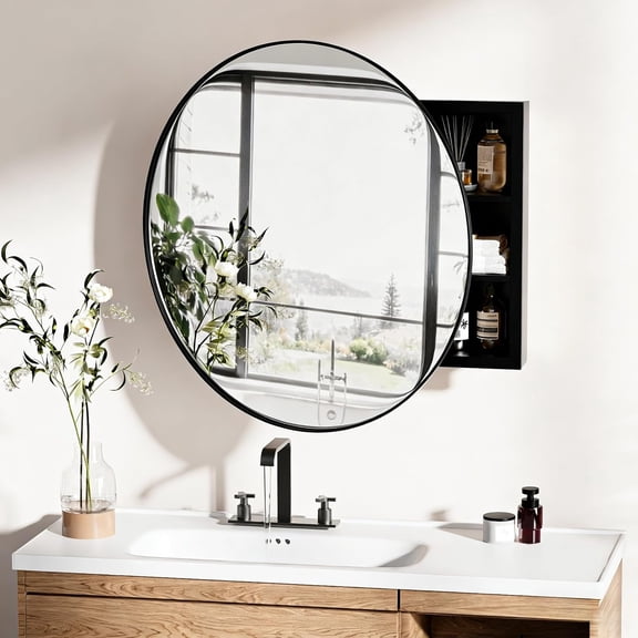 Round Bathroom Medicine Cabinet with Mirror,Wall Mounted Vanity Mirror with Adjustable Shelves Metal Storage Cabinet for Bathroom Bedroom (No Assembly Required) Black 20.5 * 20.5''