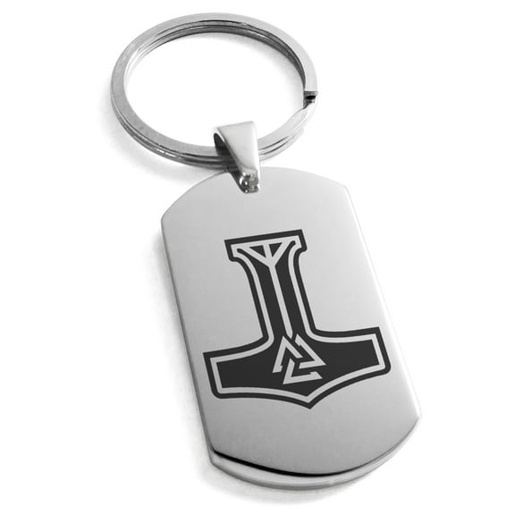 Stainless Steel Valknut Mjolnir Thor's Hammer Engraved Dog Tag Keychain Keyring
