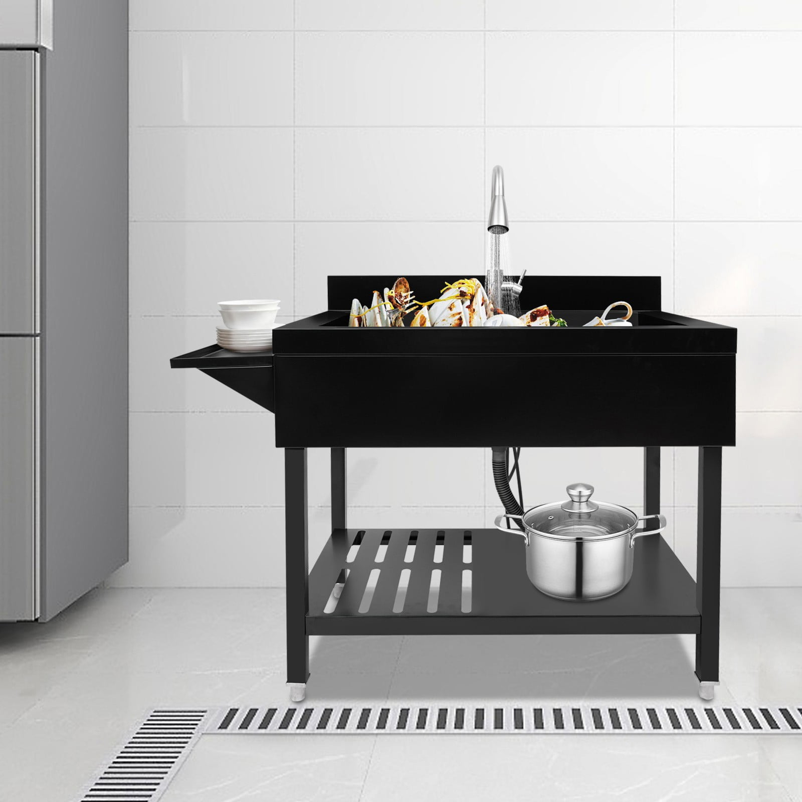 Black Stainless Steel Single Bowl Sink, 35.4" x 22.4" x 37" Commercial Kitchen Sink Freestanding Prep & Utility Sink with Cold and Hot Water Faucet for Kitchens, Bathrooms, Garage, Laundry Room