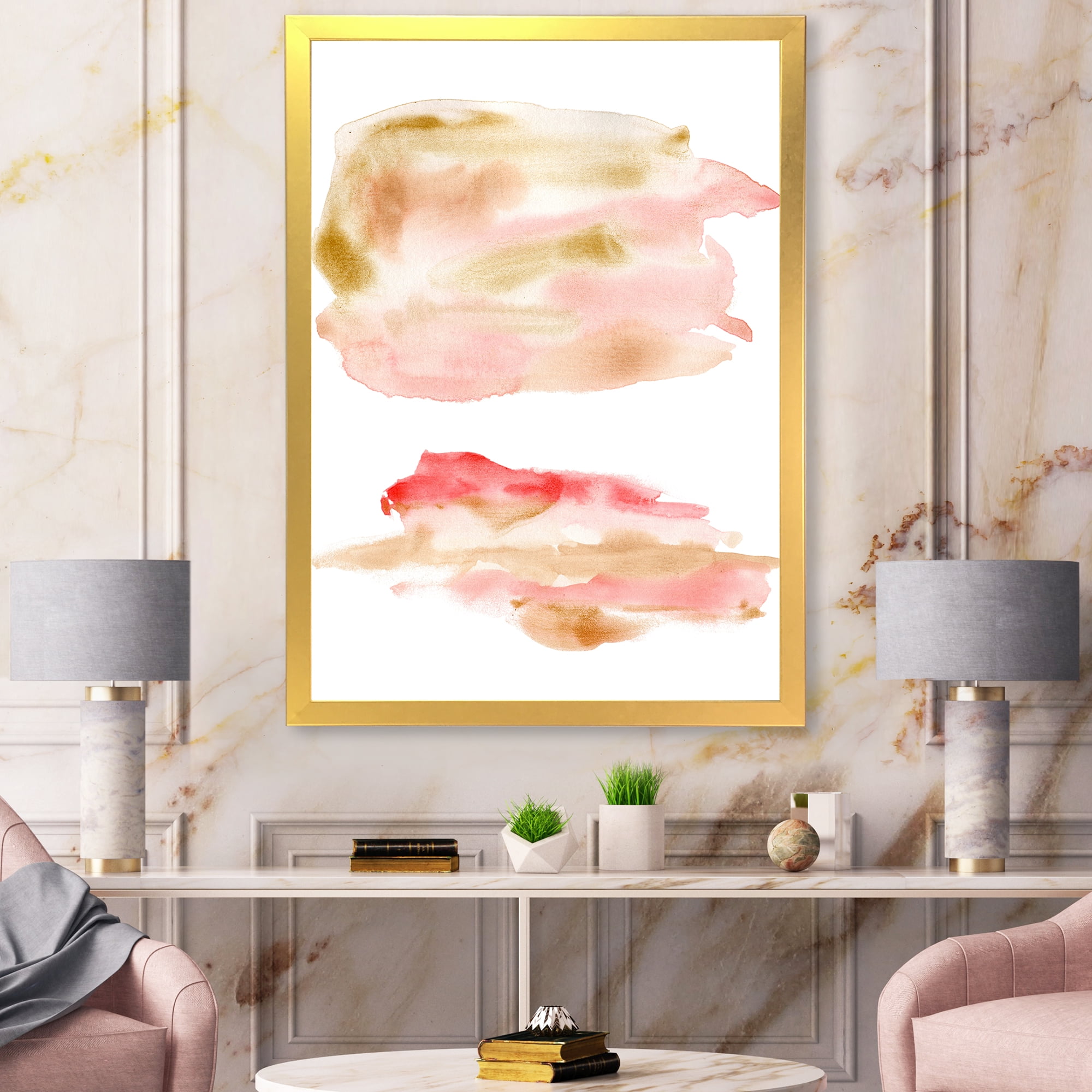 Designart 'Abstract Clouds Set With Pink Gold Beige and Red' Modern Framed Art Print