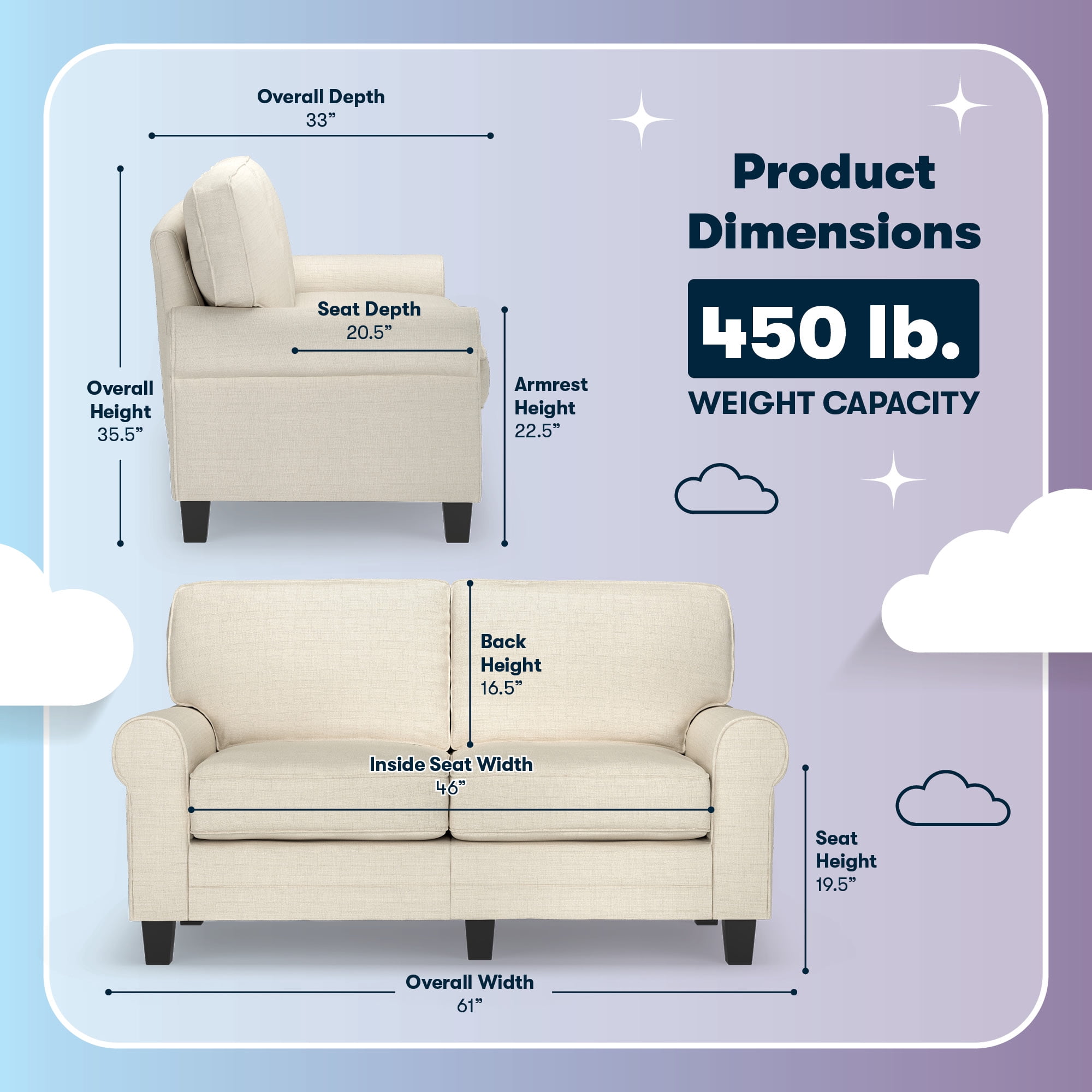 Serta Copenhagen 61" Rolled Arm Sofa, Easy Care Polyester,  Loveseat or Couch for Small Spaces, ButterCream