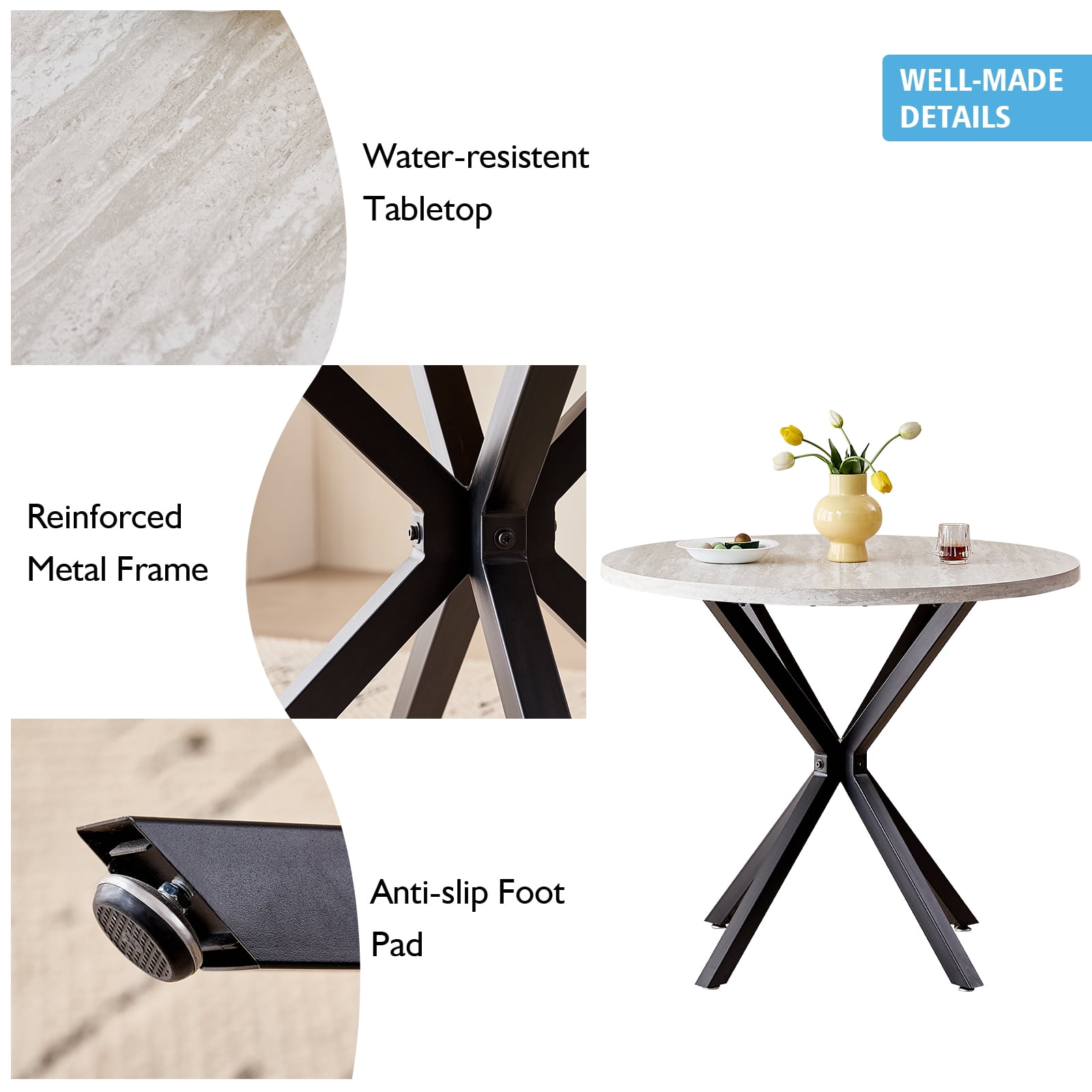 39 Inch Round Dining Table for 4, Mid-Century Kitchen Leisure Table for Apartment Living Room Space Saving, Metal Cross Legs, Gray Stone Pattern