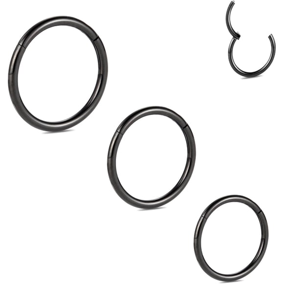 3pcs Titanium Nose Hoop Ring Set 20G 18G 16G Septum Ring Seamless Clicker Ring Conch Helix Lobe Hoop Earring Tragus Daith Rook Lip Belly Cartilage Sleeper Piercing Jewelry 6mm to 12mm 3PCS-Black
