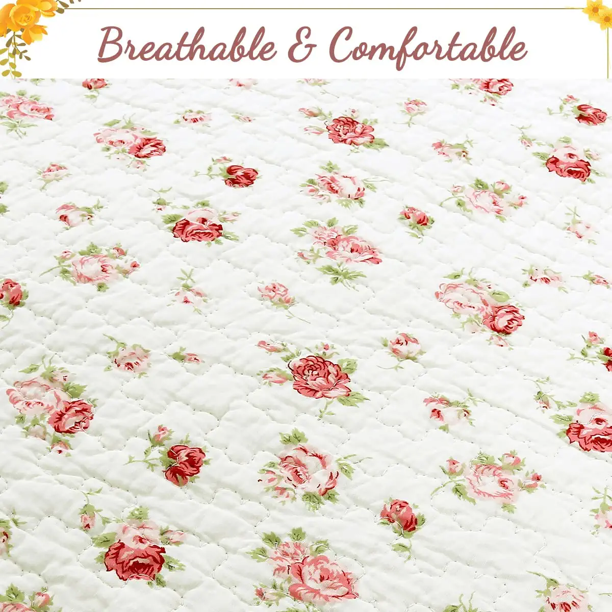 Cozy Line Home Fashions Floral Pink Rose Garden 3-Piece Quilt Bedding Set, King