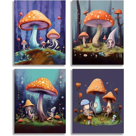 Mushroom Wall Art Prints - Set of 4 (8x10 inches, Unframed) - Fun Mushroom Art Canvas Prints for Living Room, Bedroom, Dining Room, Nursery, Office Decor