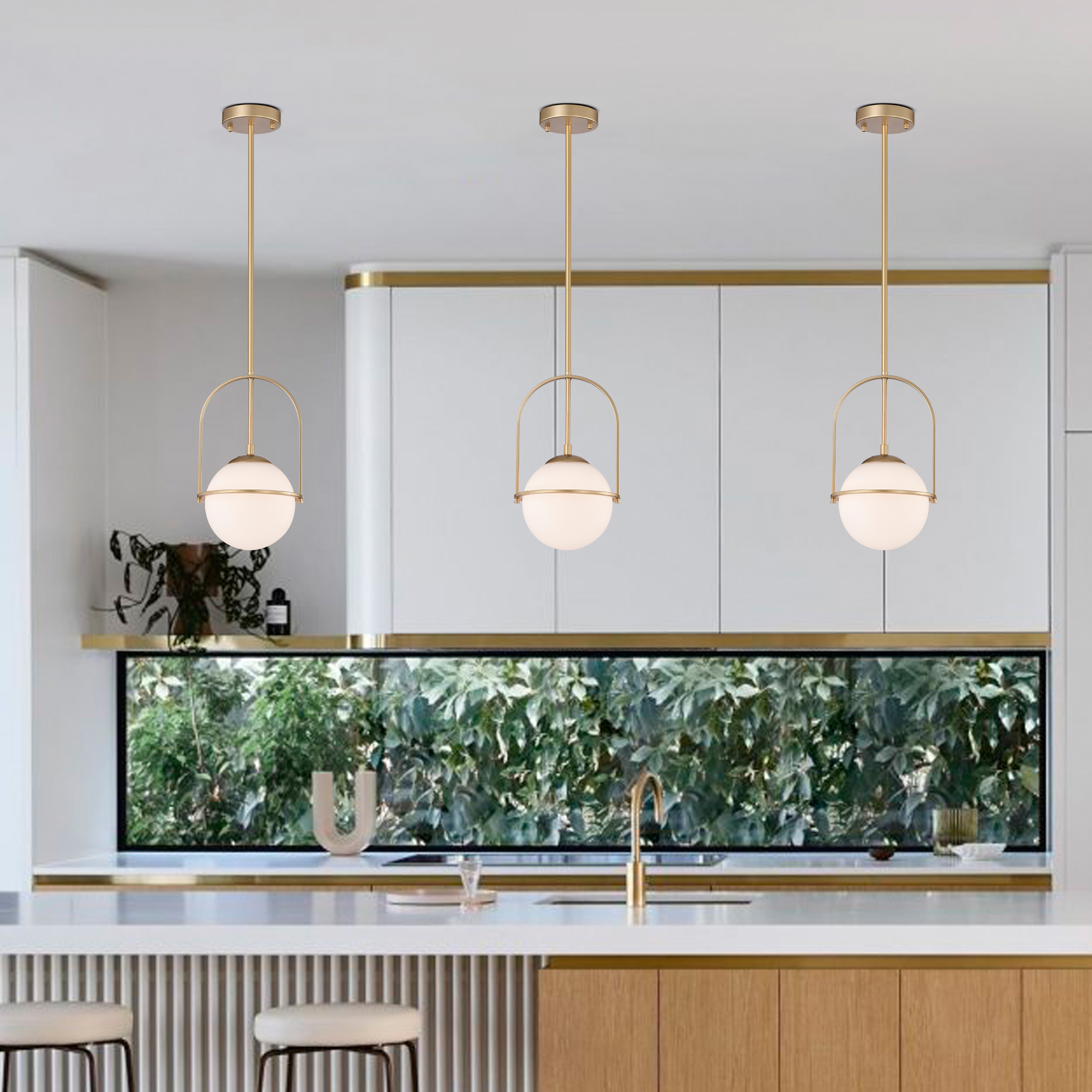 Gold Pendant Light Fixture with 7.1 in Milk Glass Globe Shade Adjustable Hanging Ceiling Light for Kitchen Island, 1-Light