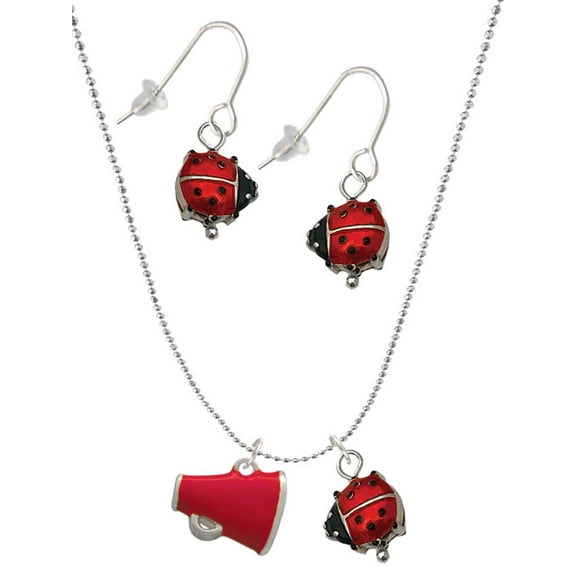 Delight Jewelry Silvertone Small Red Megaphone Red Lucky Ladybug Necklace and Dangle Earrings Set