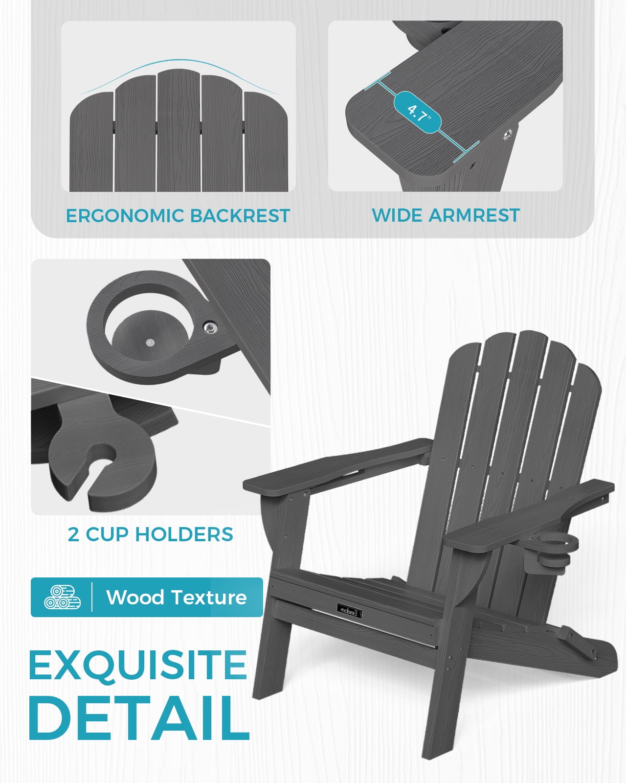 Folding Adirondack Chair, HDPE Patio Adirondack Chair with 2 Cup Holders, All-Weather Outdoor Chairs, Fire Pit Chairs for Patio, Garden, Poolside, Gray