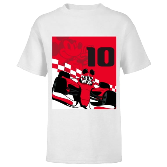Disney Racing 10th Birthday 10 Years Old Mickey Mouse Racer - Short Sleeve T-Shirt for Kids - Customized-White