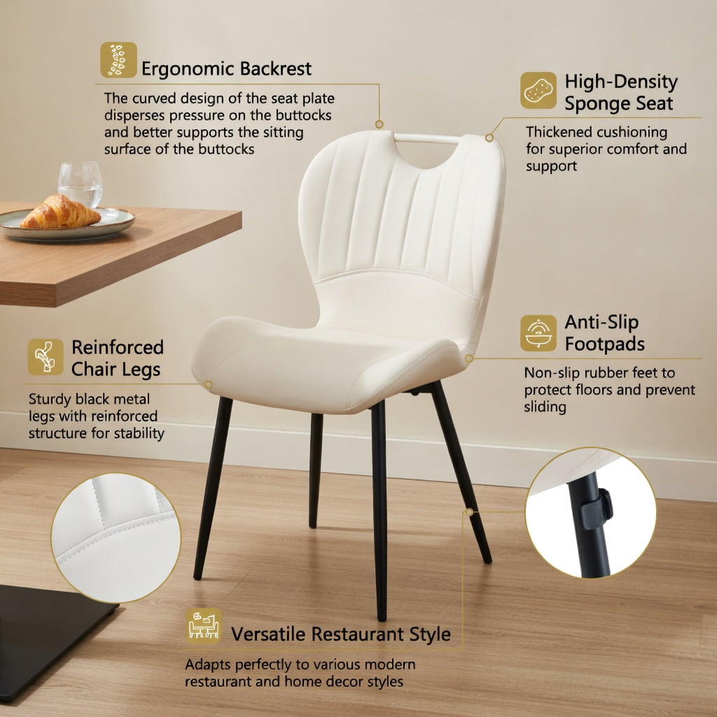 Hommoo Set of 4 PU Leather Dining Chairs with Metal Frame, Ergonomic Wide Cushion, Adjustable Leveling Feet & Integrated Handle for Modern Home, Office & Makeup Use, White