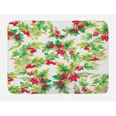 Rowan Bath Mat, Watercolor Style Branches with Rowan Berries Winter Christmas Concept, Non-Slip Plush Mat Bathroom Kitchen Laundry Room Decor, 29.5 X 17.5 Inches, Scarlet Mustard Green, Ambesonne