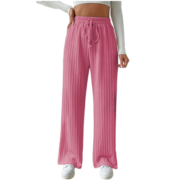 Maplenight Women's Summer Textured Knitted Ribbed Pants Loose Straight Leg Lounge Pants Elastic Waist Drawstring High Waisted Solid Color Casual Pants 2025 on Clearance