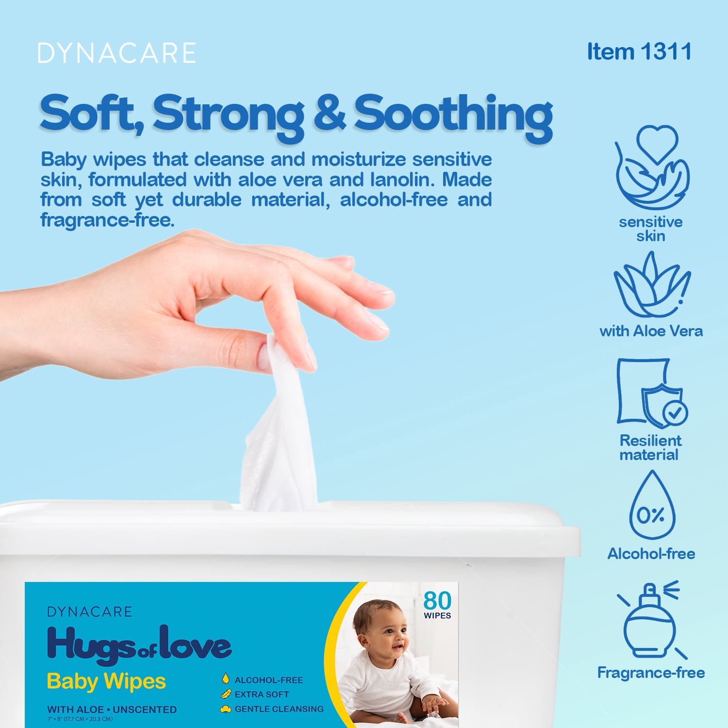 Dynarex Alcohol-Free Aloe Baby Wipes, Extra Soft Wet Wipes, Unscented, 12 Tub Pack (960 Wipes)