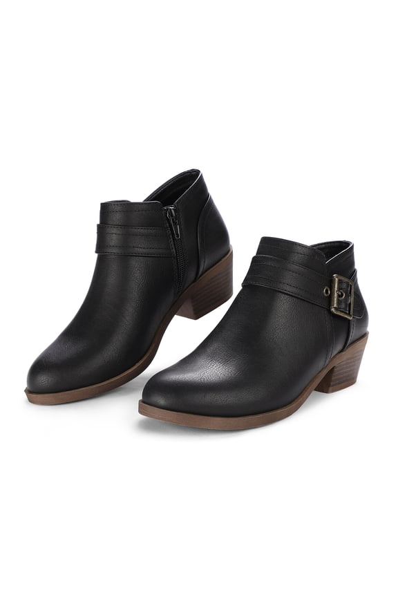 Pennysue Women Low Chunky Stacked Heel Boots Black Pu Side Zipper Ankle Booties 9M