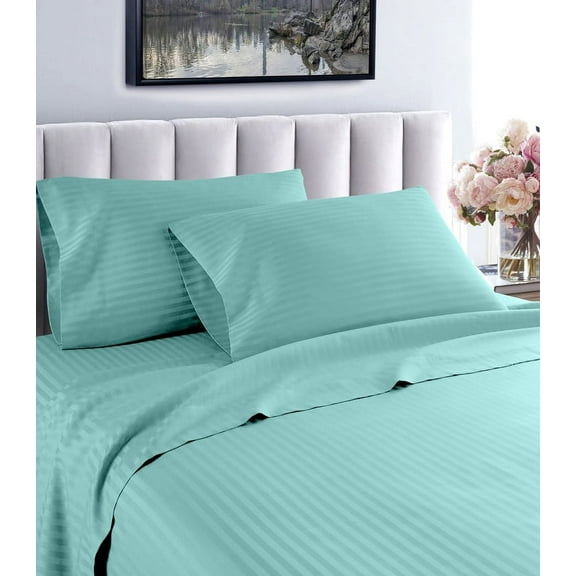 London Collection 600 Thread Count Wrinkle Resistant Woven Stripe 100% Egyptian Cotton 4 Piece Sheet Set (Full, Aqua)