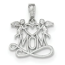 14K White Gold Polished Finish MOM with 2 Angels Holding Heart Design Charm Pendant
